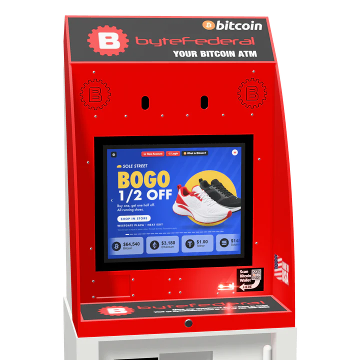 A Byte Federal Bitcoin ATM showing an ad format on its screen