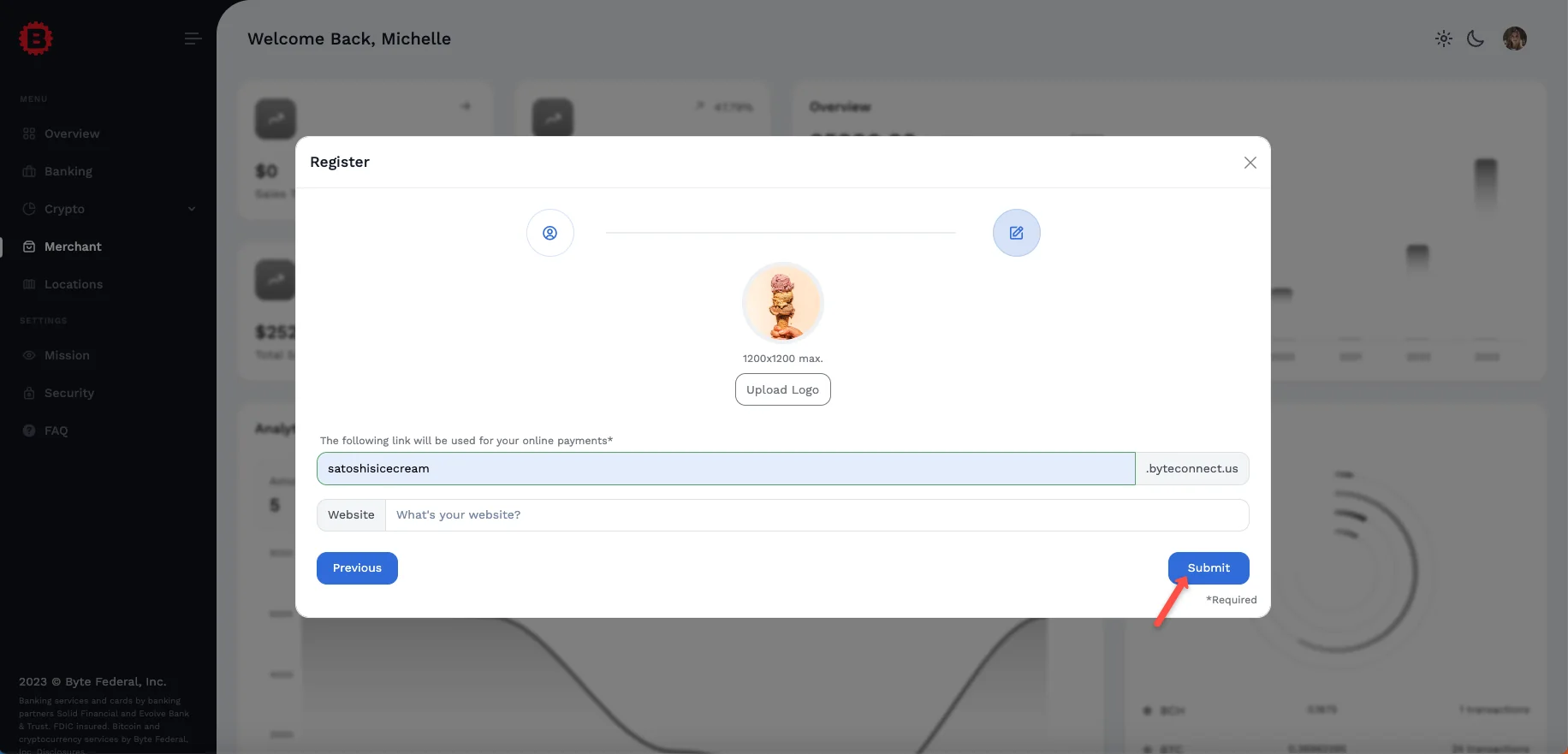 Merchant registration submit screen