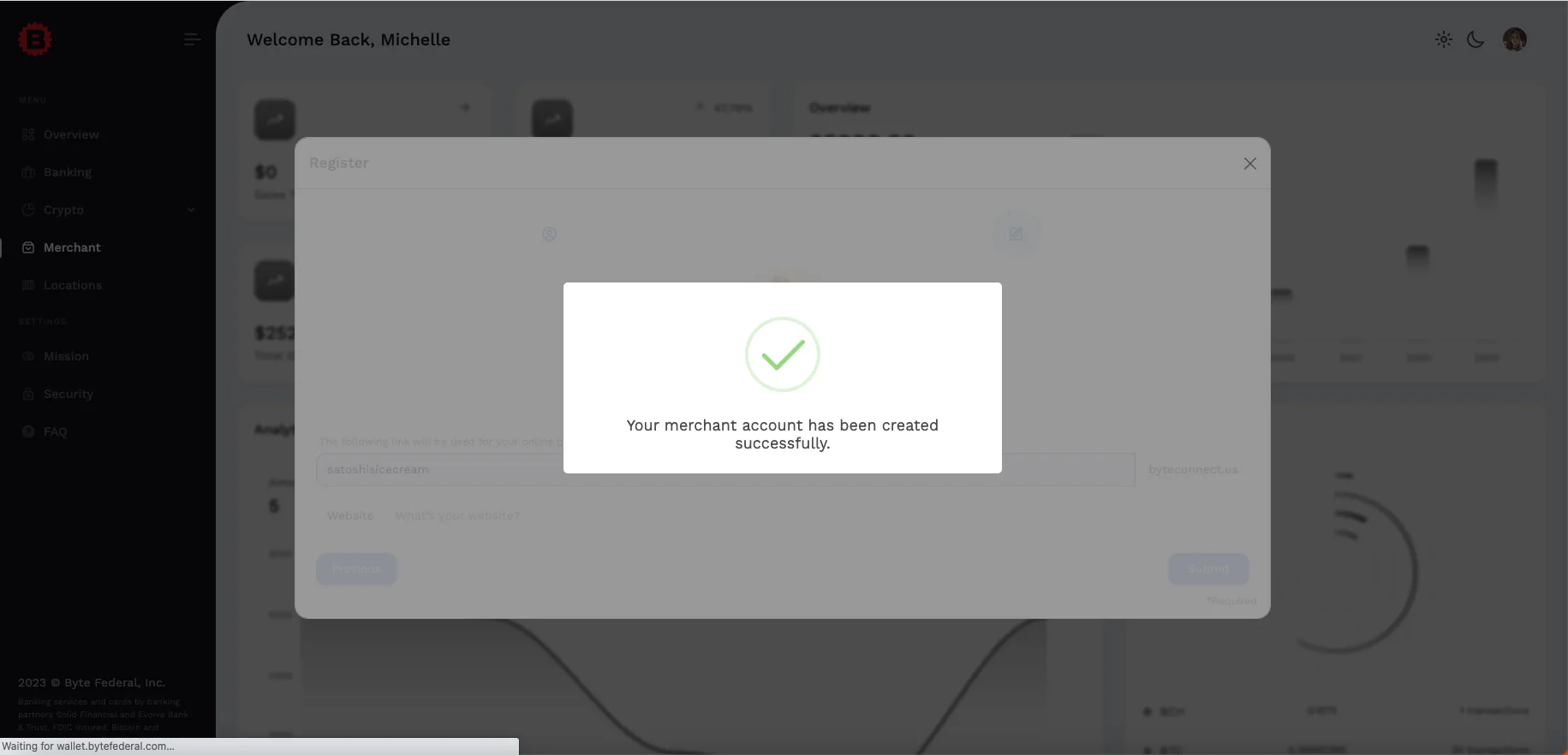 Merchant registration success screen