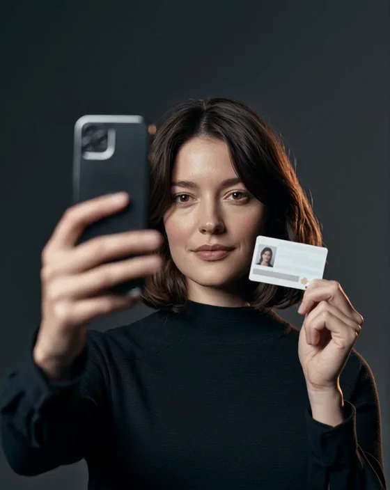 A woman holds a phone up to scan her face with one hand and a plain sample ID card beside her face with the other.