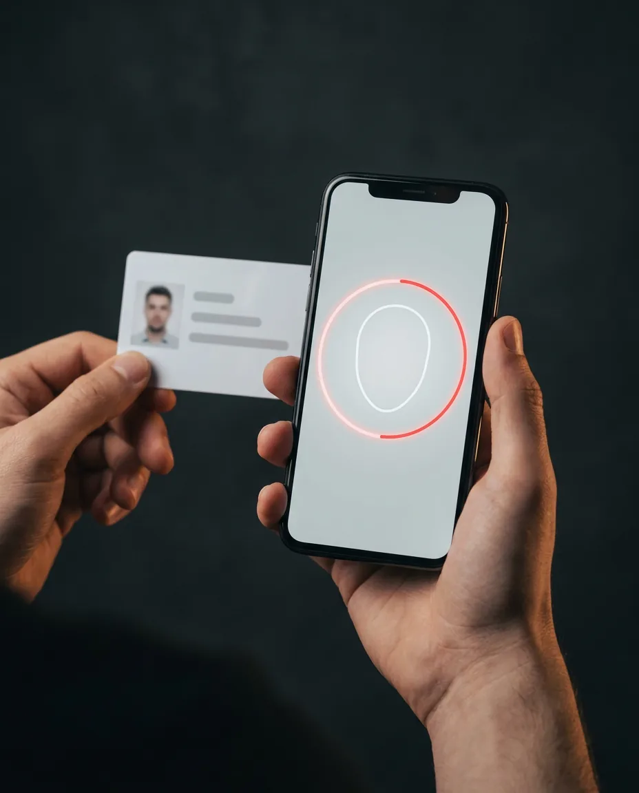 Two hands: one holds a phone showing a face-scan guide, the other holds a plain sample ID card.