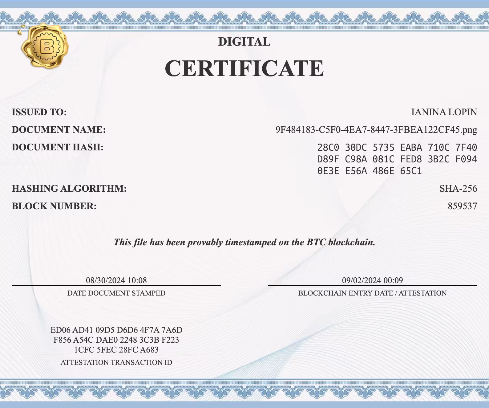Byte Federal Digital Notary Certificate example showing a verified document with blockchain timestamp