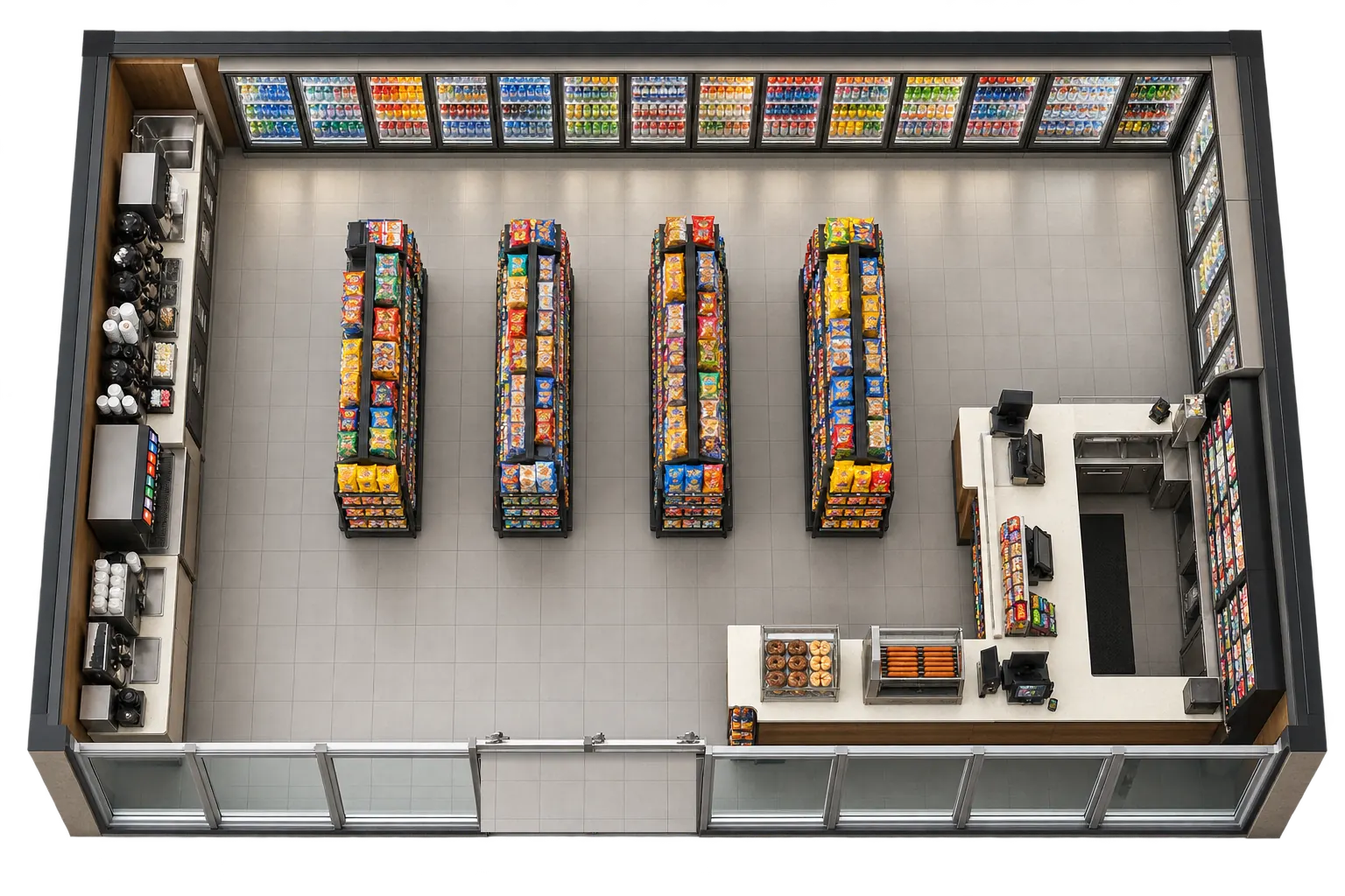 A convenience store seen from above with the roof off: coolers along the back wall, a coffee bar, four snack aisles, the checkout by the entrance, and a Byte Federal ATM by the front windows.